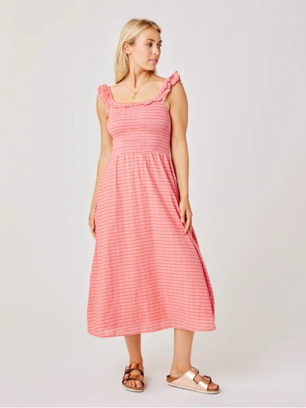 Carve Designs Indie Dress Coral Striped Smocked Midi Dress